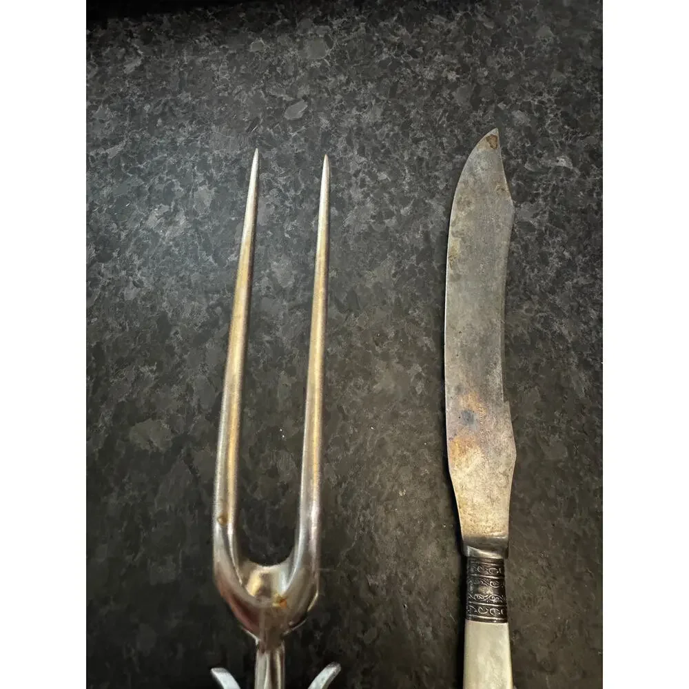Antique Meriden Cutlery Co. Carving Set MOP Handle Knife Fork Silver Ferrule